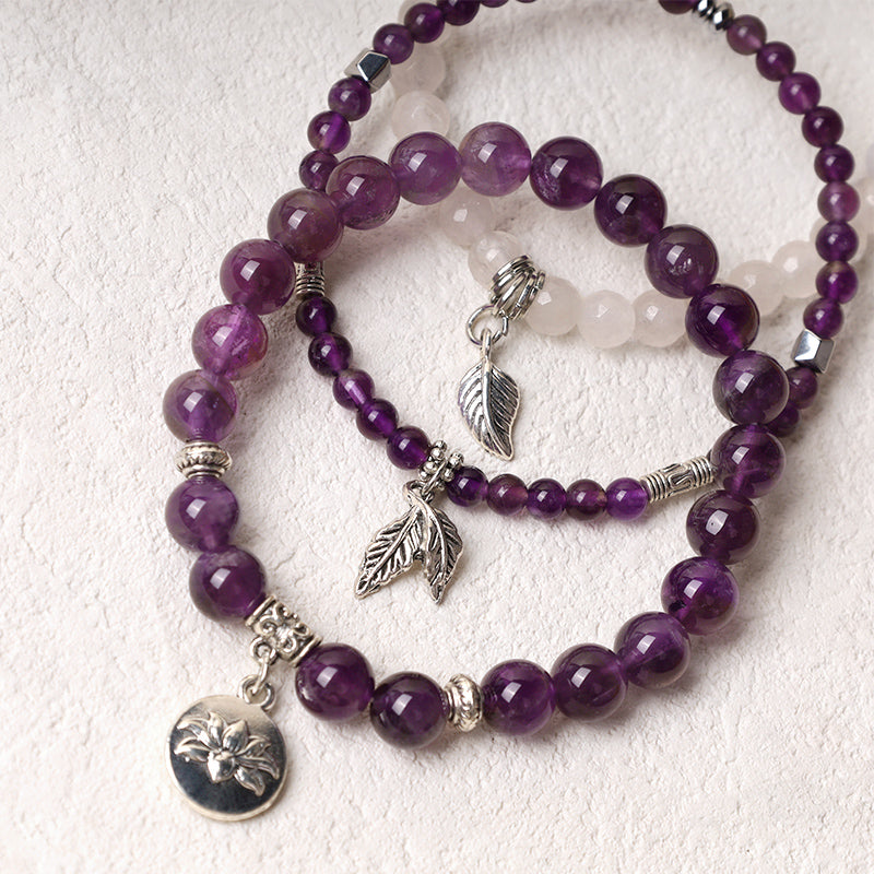 Amethyst Crystal Healing Bracelet with Lotus Symbol | 6-8mm Beads