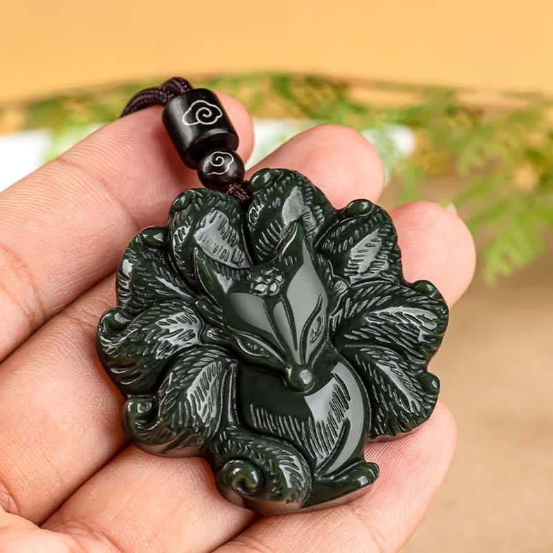Hetian Cyan Jade Nine Tailed Fox Luck Pendant Necklace