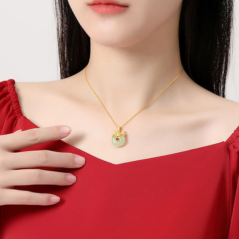 925 Sterling Silver Hetian Jade Dragon Necklace for Luck & Protection