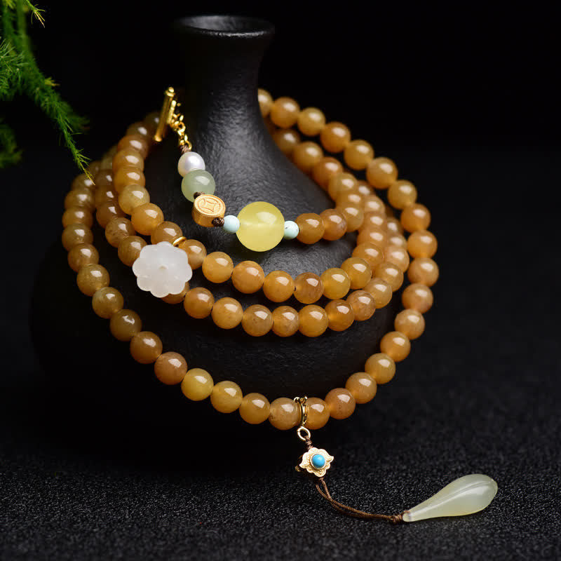 6mm Natural Hetian Topaz Amber Lotus White Jade Pearl Success Bracelet