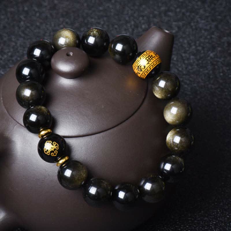 Bracelet de protection du zodiaque chinois en obsidienne dorée brillante 12 mm