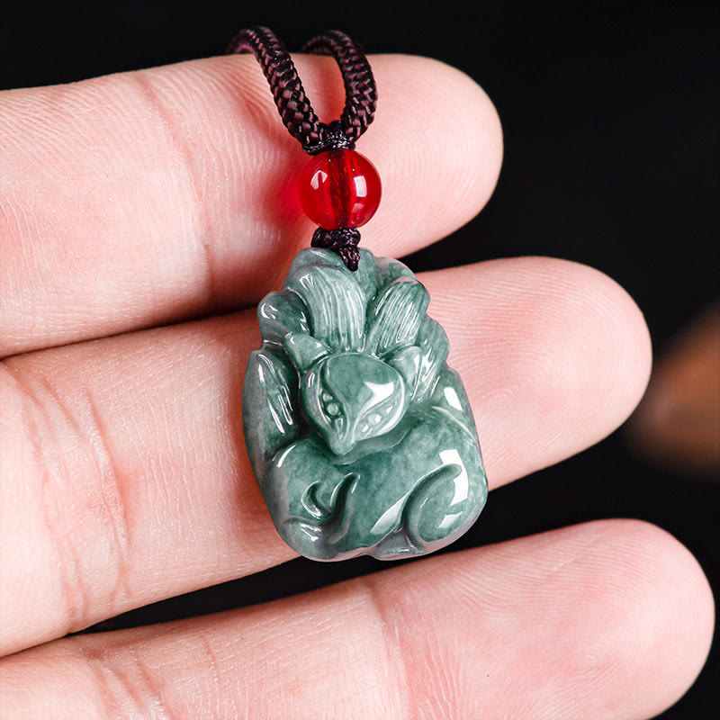 Natural Green Jade Nine-Tailed Fox Prosperity Necklace