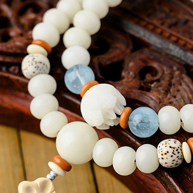 Bracelet Lotus unisexe avec jade blanc, graines de Bodhi et bénédictions