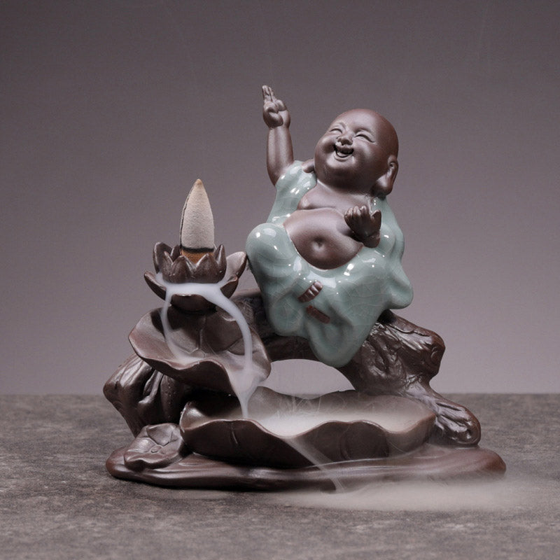 Ceramic Lotus Blessing Incense Burner with Little Monk