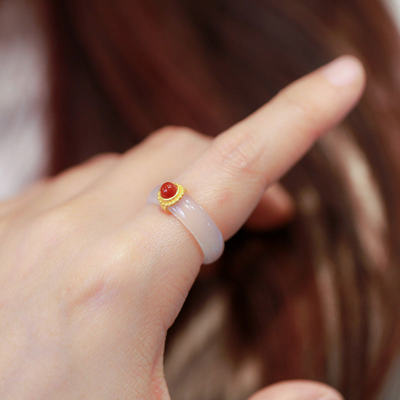 Cyan Jade & Red Agate Luck Protection Ring | Agate Rings