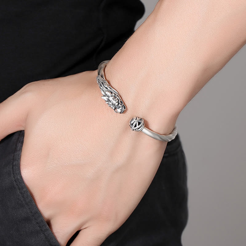 999 Sterling Silver Dragon Luck Strength Cuff Bracelet