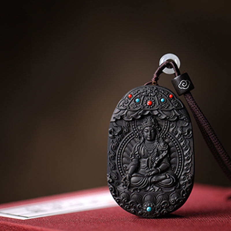 Collier en bois d'agar avec pendentif Om Mani Padme Hum et signe du zodiaque chinois