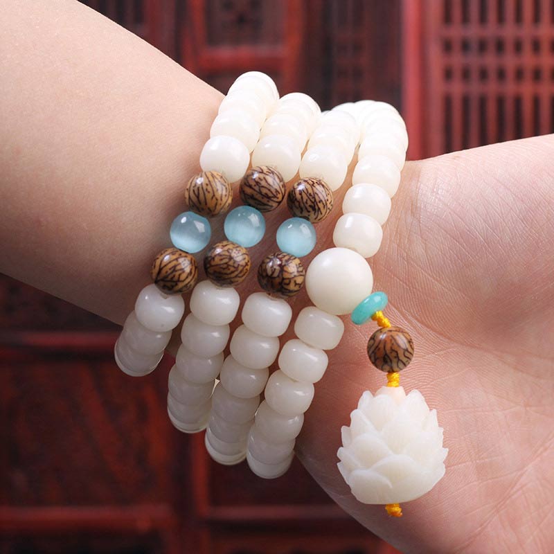 8mm Bodhi Seed Peace Bracelet with Opal, Red Agate & Lazurite Beads