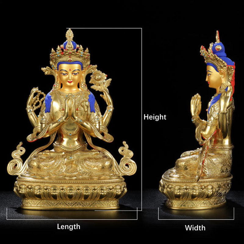 Chenrezig Copper Gold Plated Buddha Statue for Protection 5 Inch