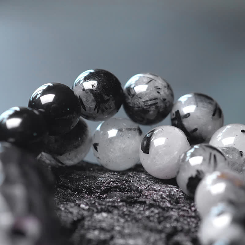 Bracelet couple en quartz rutile noir et quartz clair 8 mm