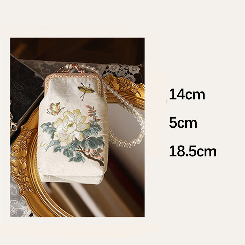 Small Flowers Butterfly Embroidered Pearl Chain Shoulder Bag