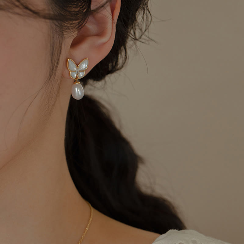 14K Gold Pearl Tridacna Butterfly Jewelry Set - Ring Necklace Earrings