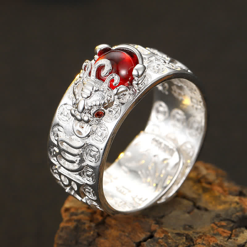Unisex 10mm Garnet PiXiu Wealth Ring in Silver & Gold