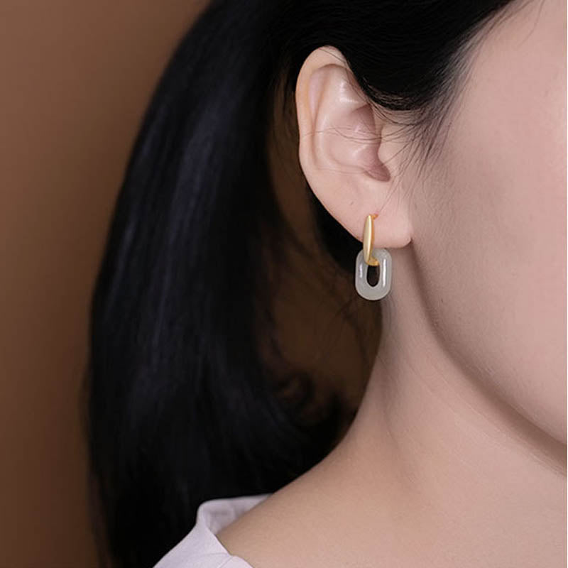 White Jade Earrings 925 Sterling Silver for Happiness & Protection