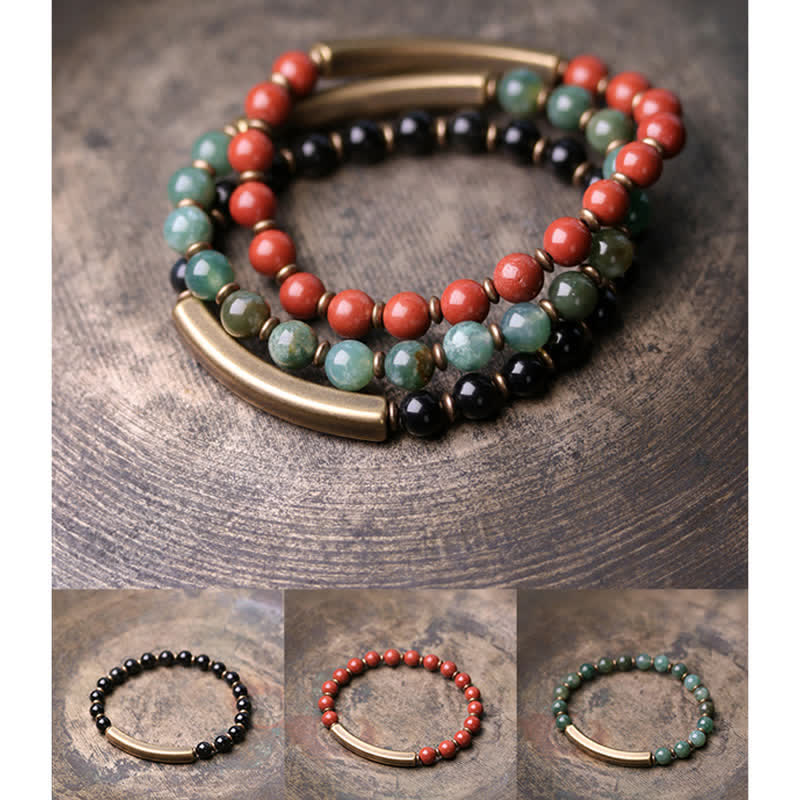Unisex Obsidian Peace Bracelet with Red Jasper & Moss Agate