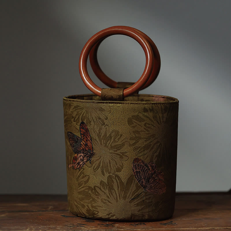 Spiritual Bamboo Leaf Butterfly Wood Handle Handbag
