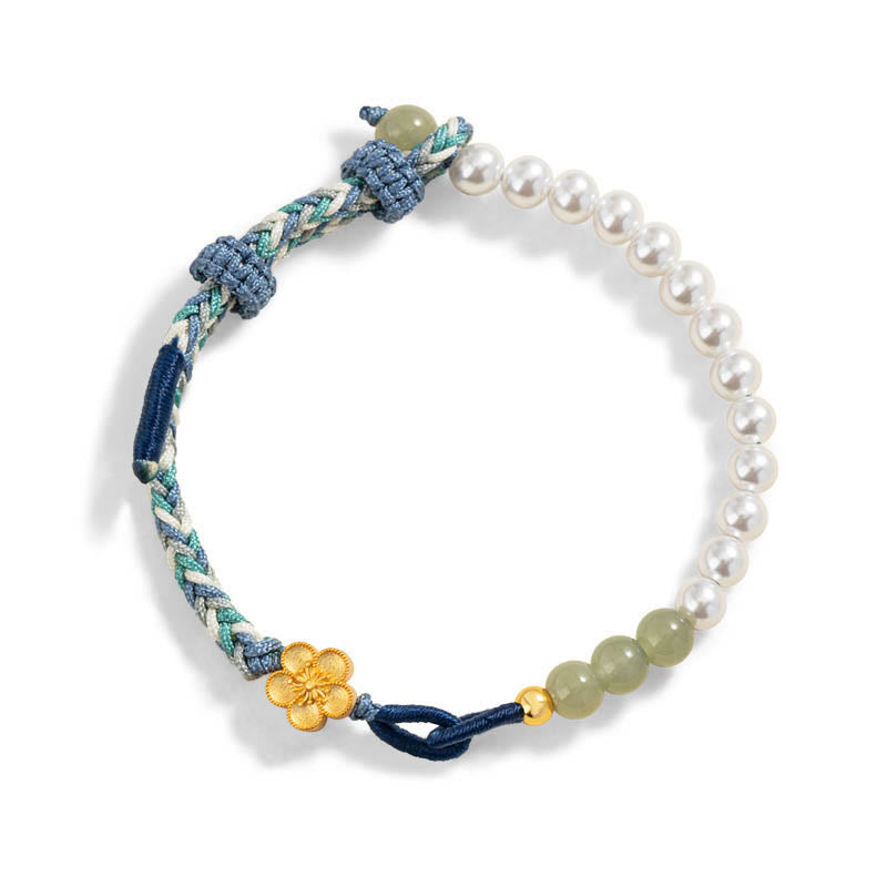 Sterling Silver Hetian Jade Luck Bracelet with Peach Blossom & Pearls