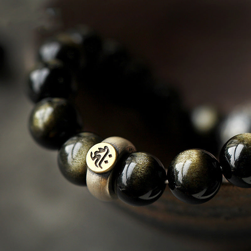 8mm Obsidian Purification Bracelet with Zodiac Buddha