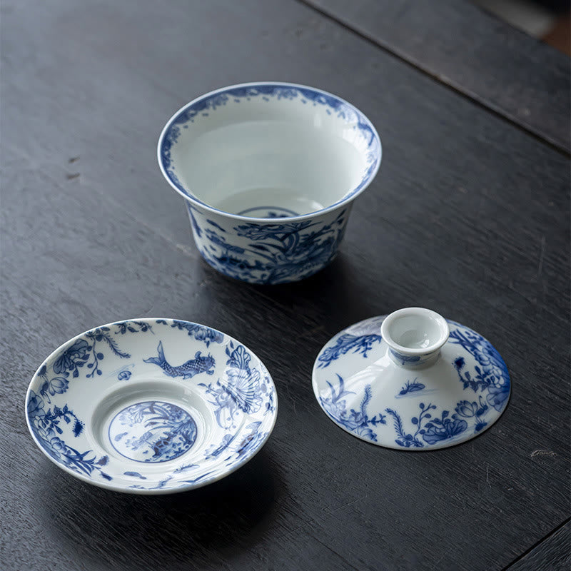Lion Dance Ceramic Gaiwan Tea Cup 300ml with Lid & Saucer