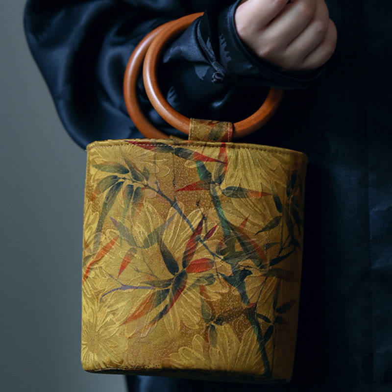 Spiritual Bamboo Leaf Butterfly Wood Handle Handbag