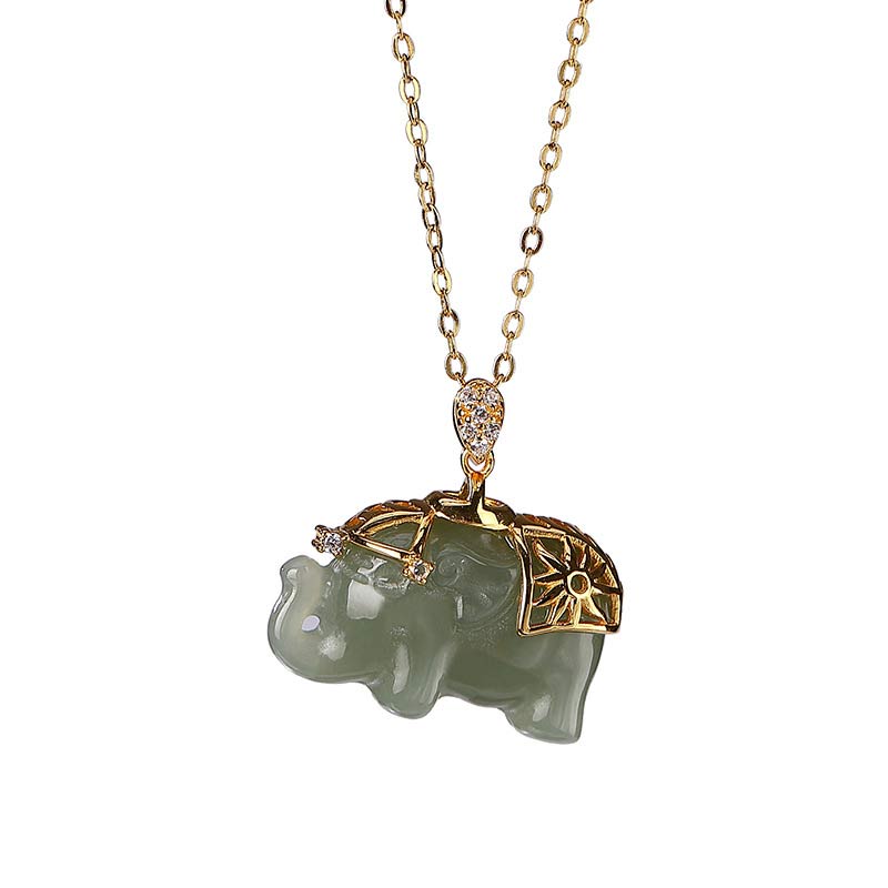 Jade Necklace with Sterling Silver Elephant Pendant for Prosperity