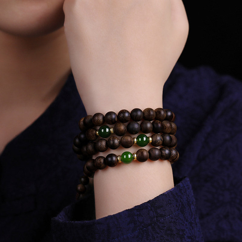 108 Beads Agarwood Cyan Jade Wood Mala Bracelet for Protection