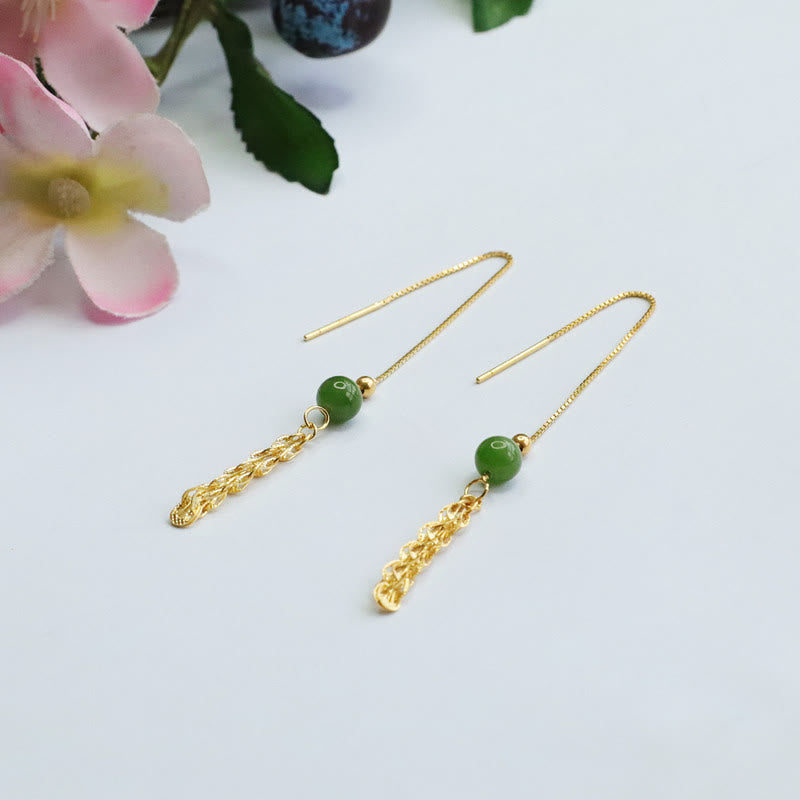 925 Sterling Silver Hetian Cyan Jade Drop Earrings for Luck