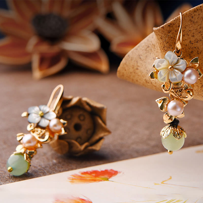 14K Gold Plated Tridacna Stone Pearl Drop Earrings