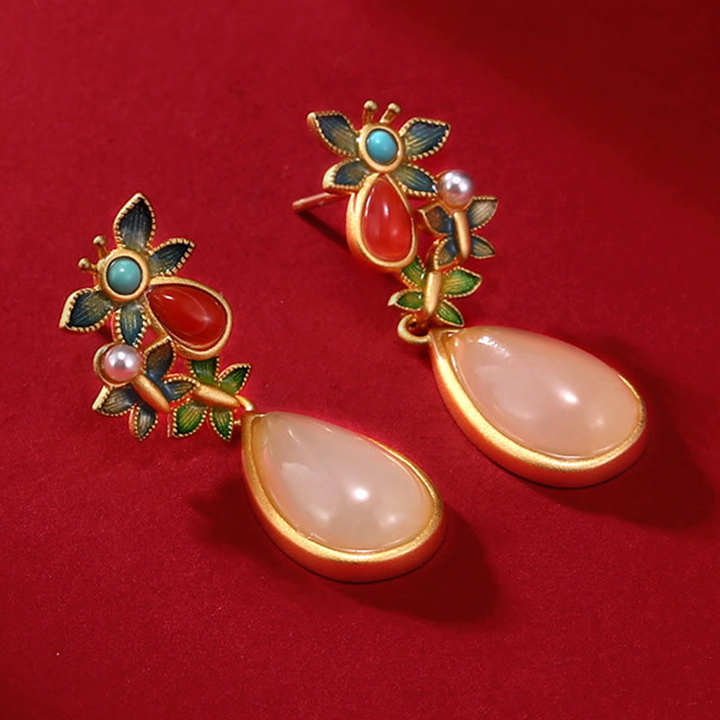 White Jade Butterfly Protection Drop Earrings 3.2cm