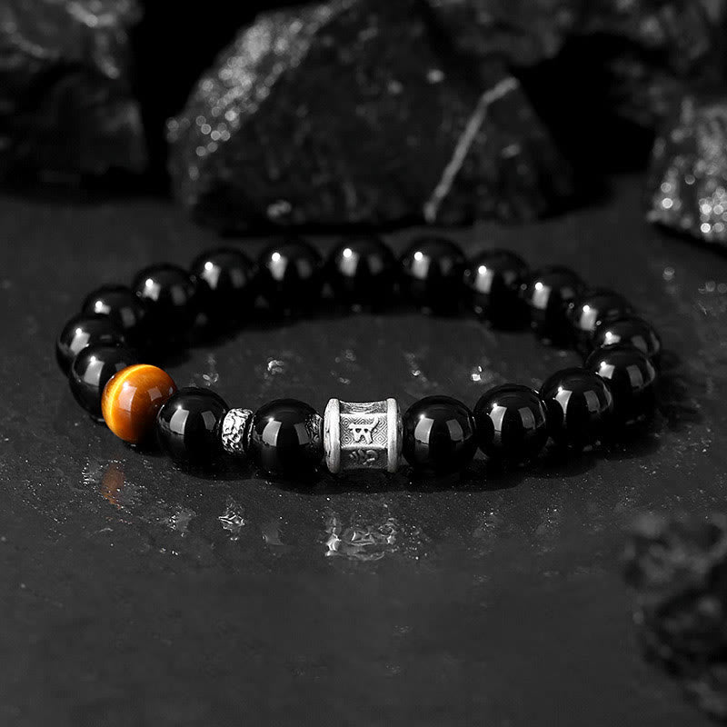 Unisex 10mm Black Obsidian Om Mani Padme Hum Bracelet