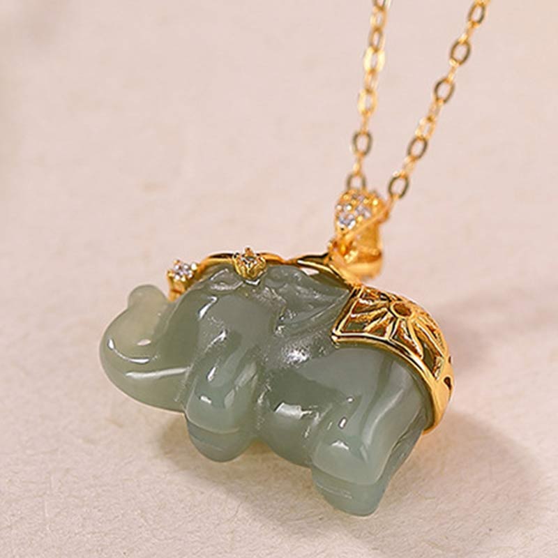 Jade Necklace with Sterling Silver Elephant Pendant for Prosperity