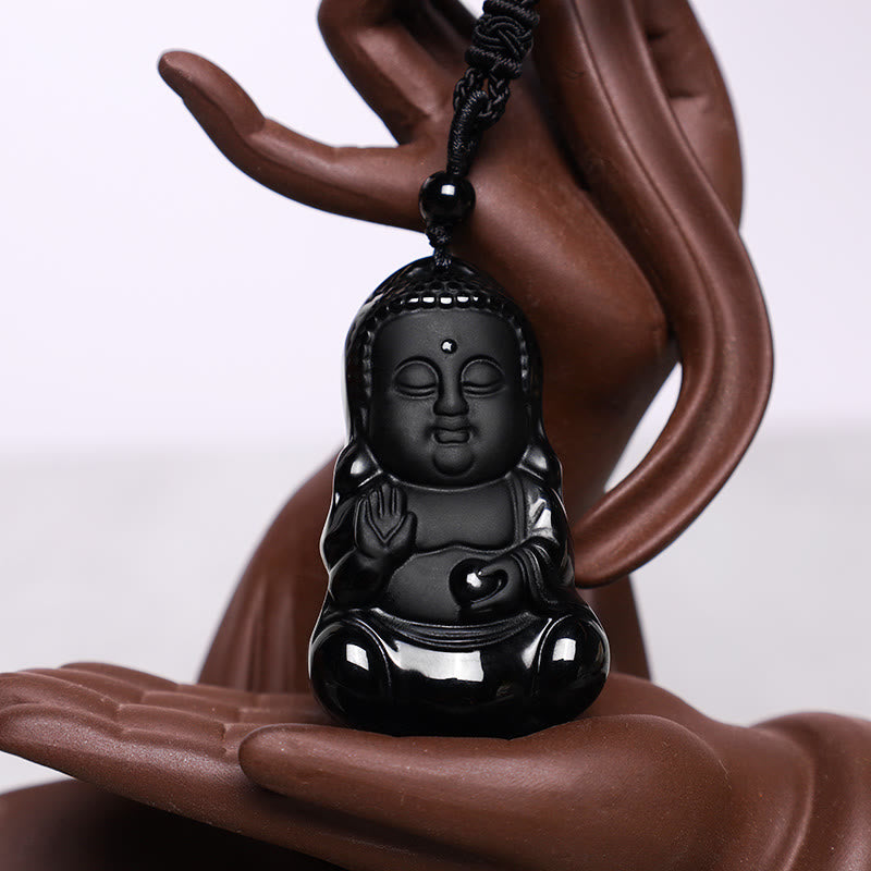 Natural Black Obsidian Buddha Necklace | Strength & Protection