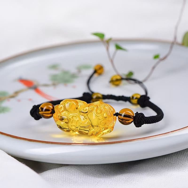 Pixiu Protection Bracelet with Obsidian, Amethyst & Citrine Stones