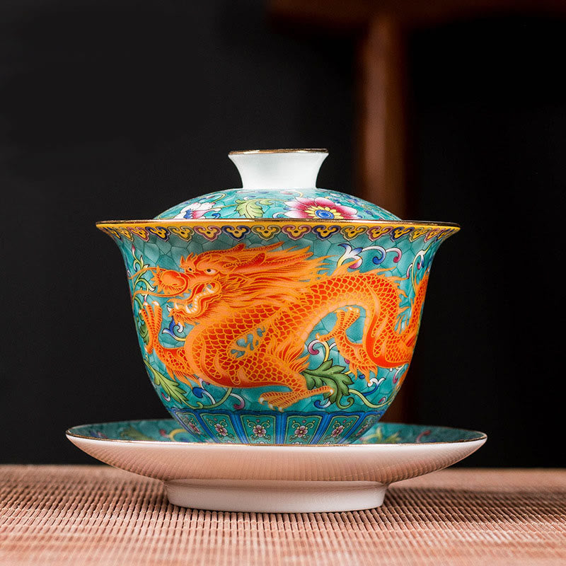 Ceramic Gaiwan Dragon Phoenix Tea Cup 160ml with Lid