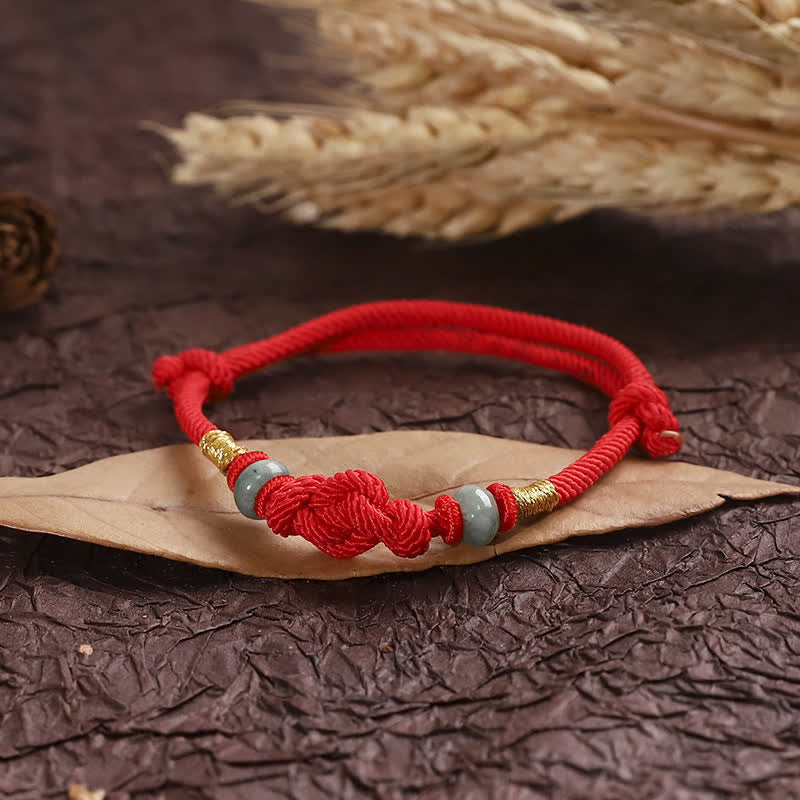 Adjustable Jade Luck Knot Bracelet with Red Feng Shui String