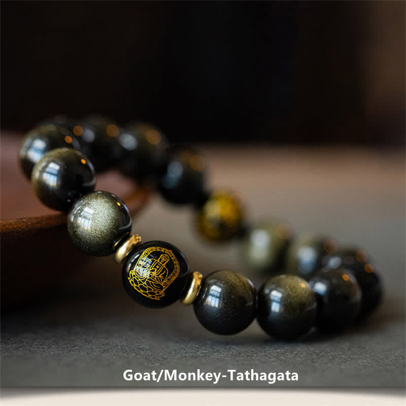 Bracelet de protection du zodiaque chinois en obsidienne dorée brillante 12 mm