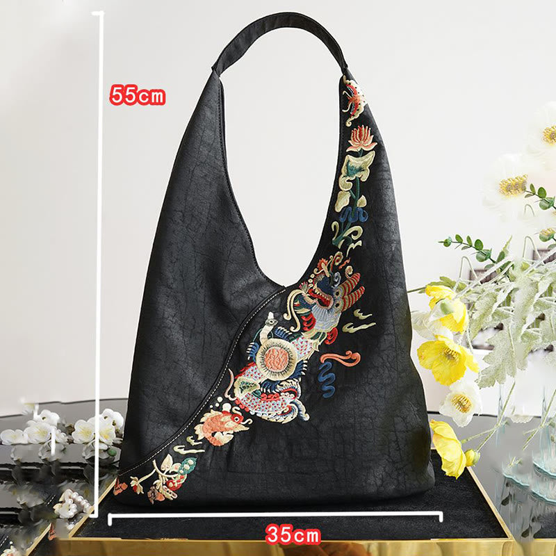 Sac à bandoulière en soie Xiangyunsha brodé de fleurs de poisson et de phénix