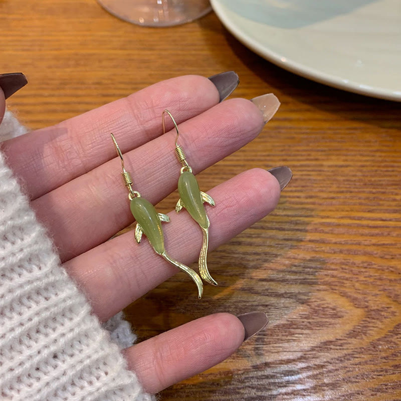 Boucles d'oreilles pendantes porte-bonheur en jade à motif de poisson