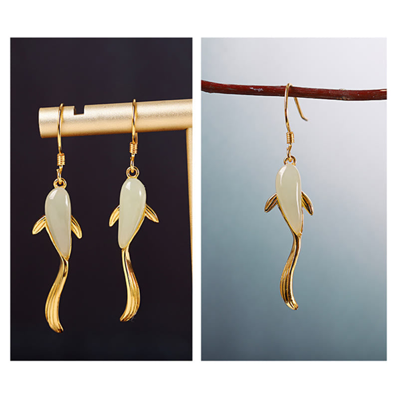 Boucles d'oreilles pendantes porte-bonheur en jade à motif de poisson