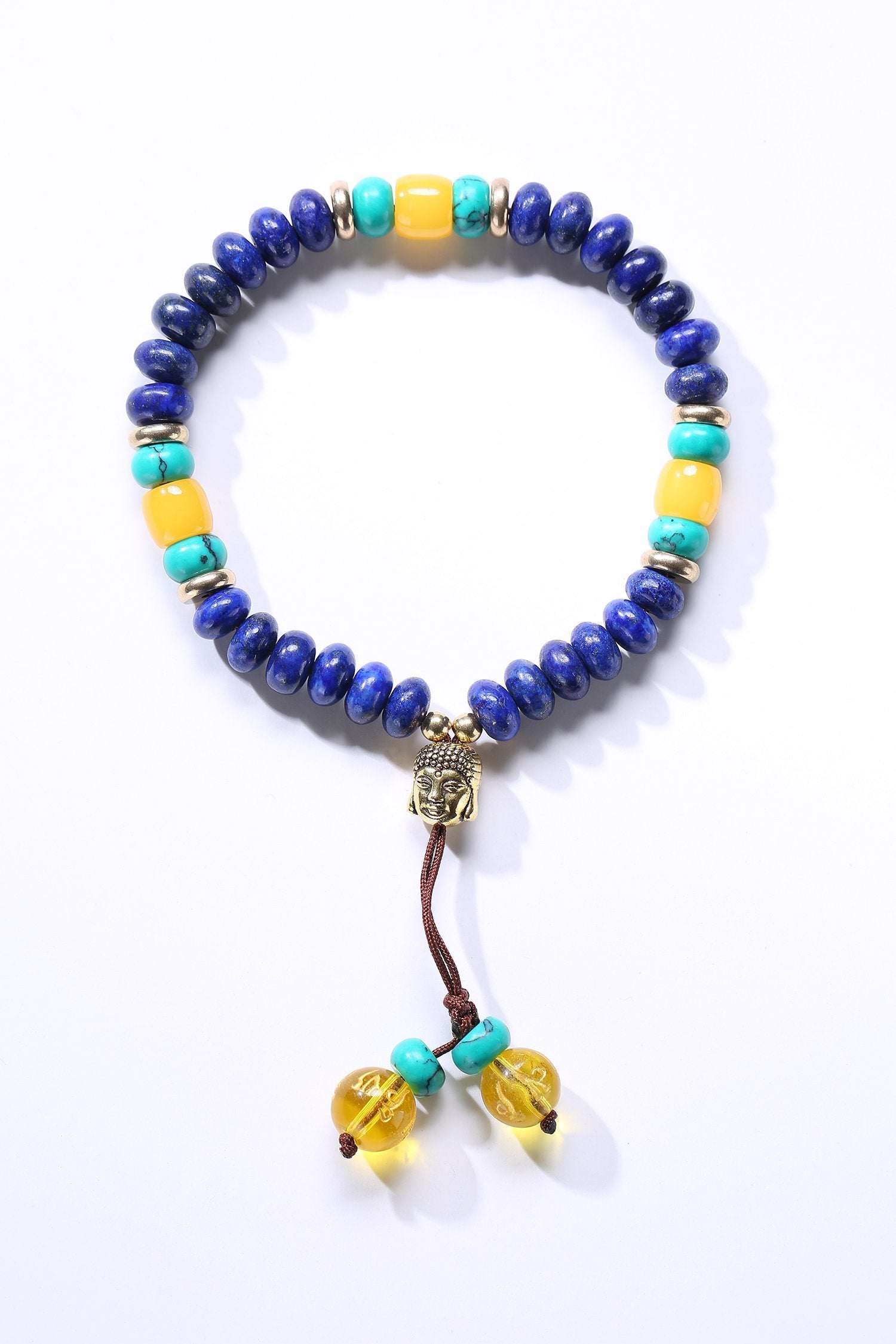 Bracelet Mala en pierre de lapis-lazuli naturelle plate avec pompon mantra à 6 syllabes et breloque tête de Bouddha