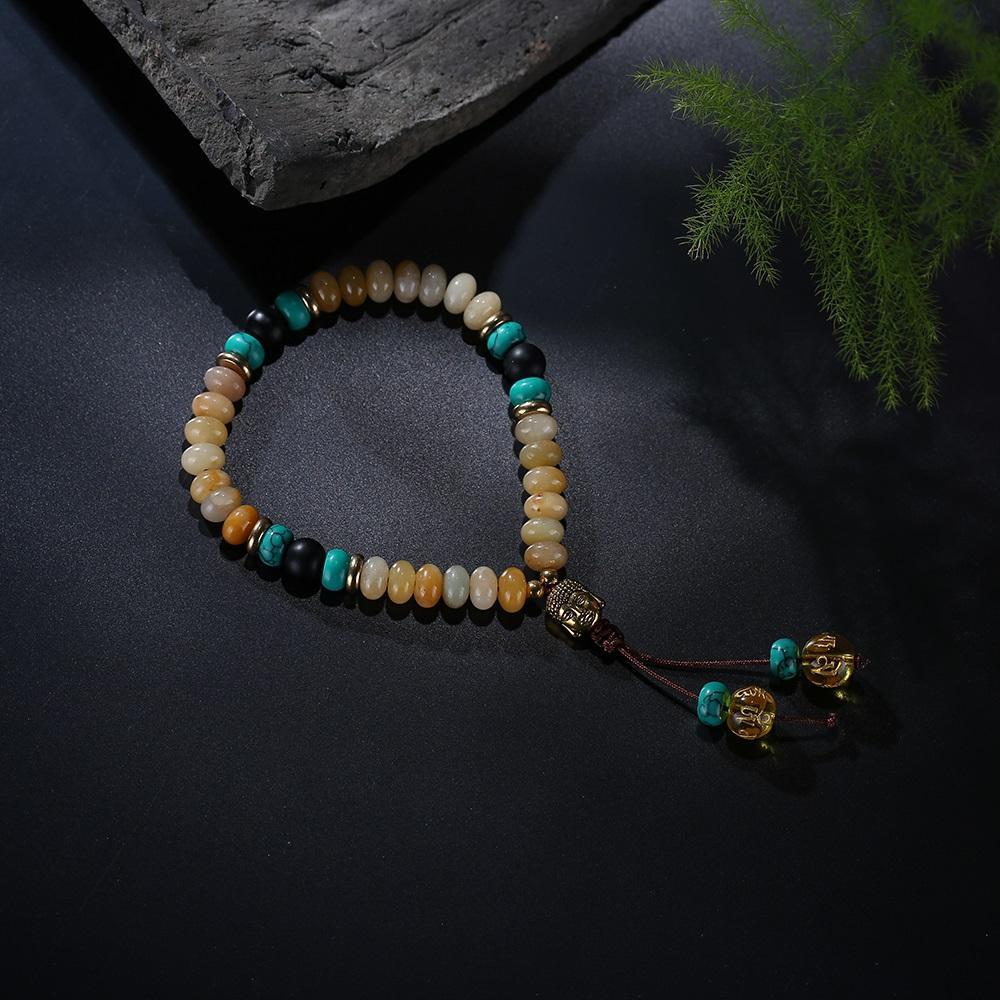 Bracelet Mala en pierre de lapis-lazuli naturelle plate avec pompon mantra à 6 syllabes et breloque tête de Bouddha