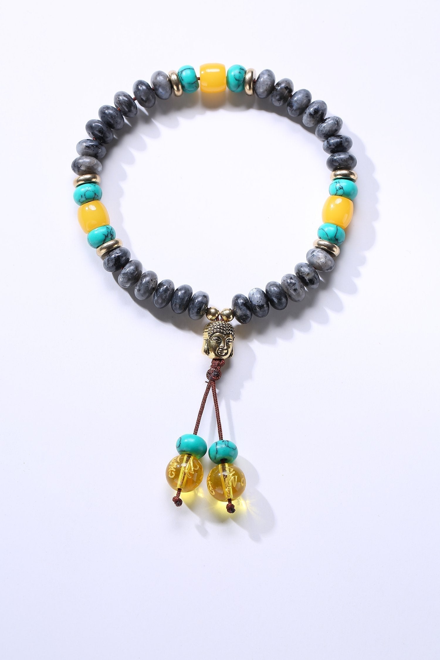 Bracelet Mala en pierre de lapis-lazuli naturelle plate avec pompon mantra à 6 syllabes et breloque tête de Bouddha
