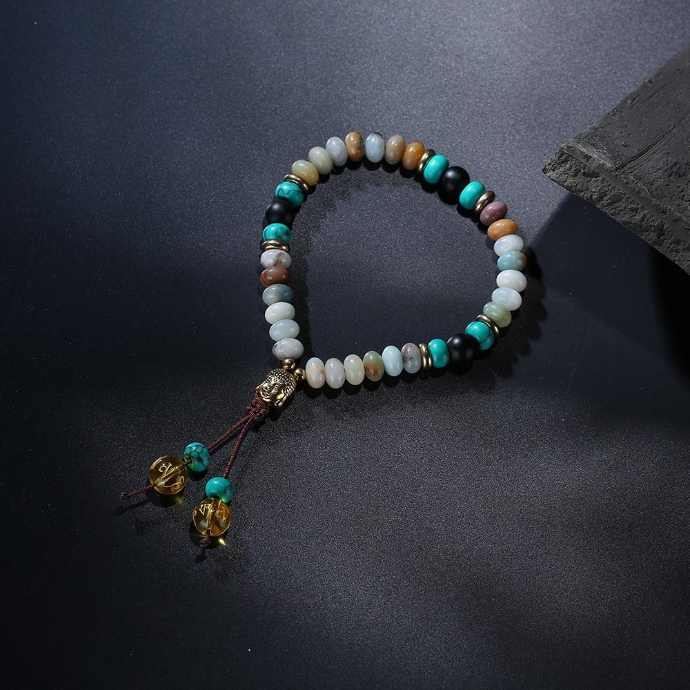 Bracelet Mala en pierre de lapis-lazuli naturelle plate avec pompon mantra à 6 syllabes et breloque tête de Bouddha