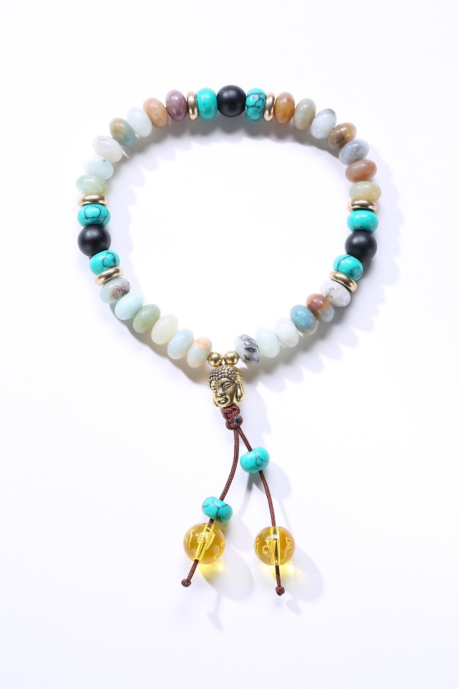 Bracelet Mala en pierre de lapis-lazuli naturelle plate avec pompon mantra à 6 syllabes et breloque tête de Bouddha