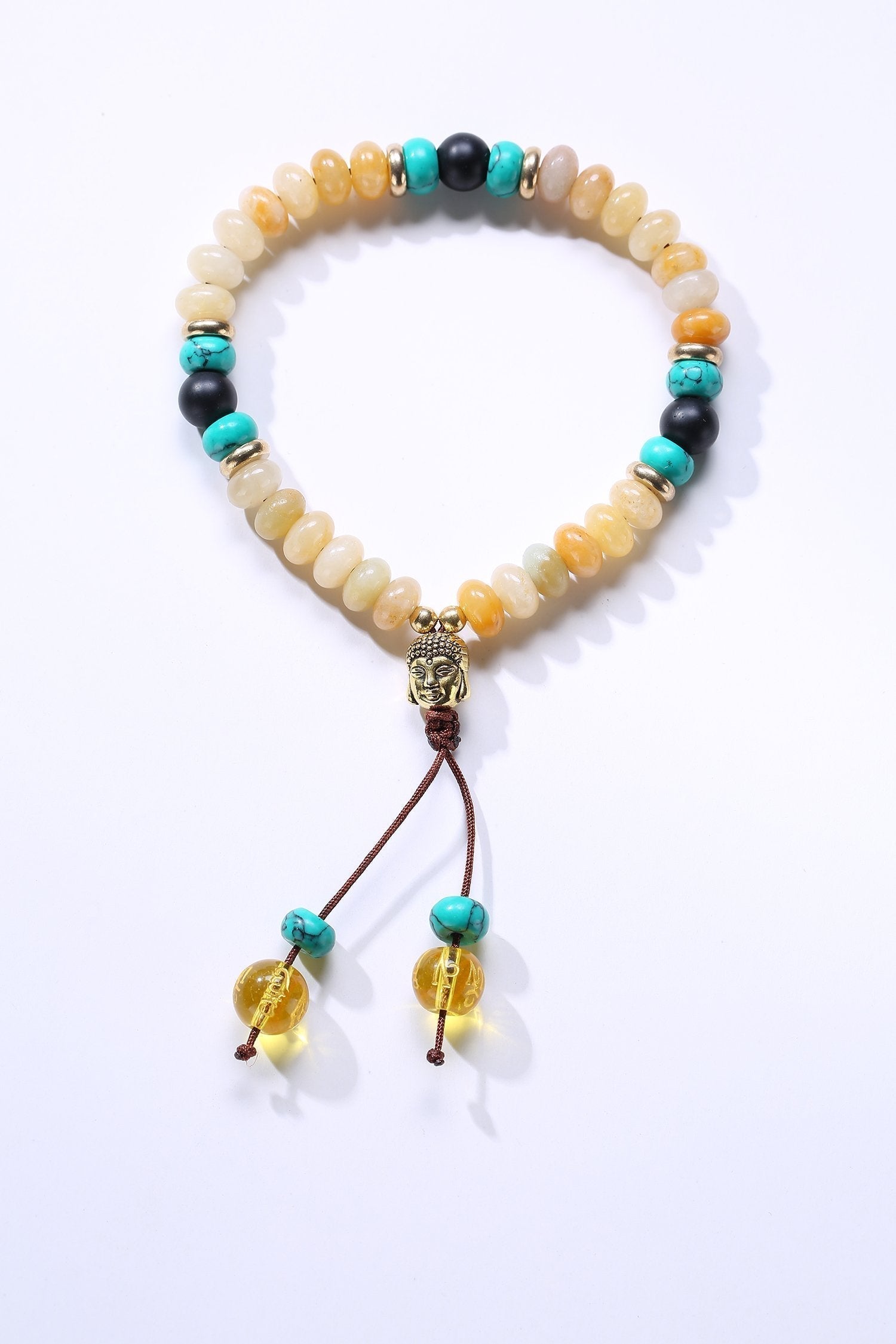 Bracelet Mala en pierre de lapis-lazuli naturelle plate avec pompon mantra à 6 syllabes et breloque tête de Bouddha