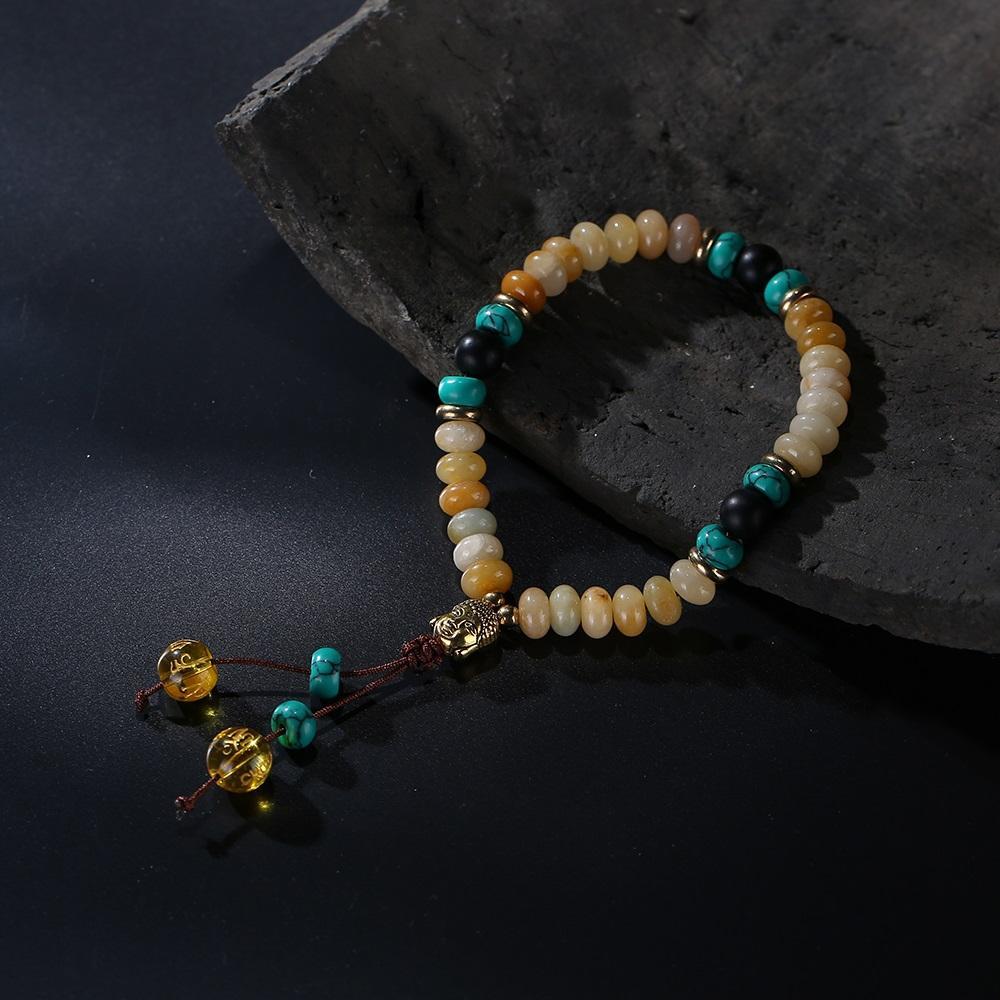 Bracelet Mala en pierre de lapis-lazuli naturelle plate avec pompon mantra à 6 syllabes et breloque tête de Bouddha
