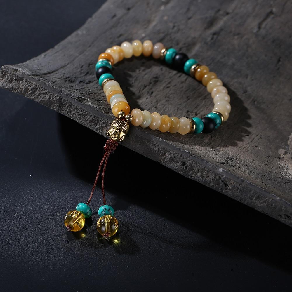 Bracelet Mala en pierre de lapis-lazuli naturelle plate avec pompon mantra à 6 syllabes et breloque tête de Bouddha