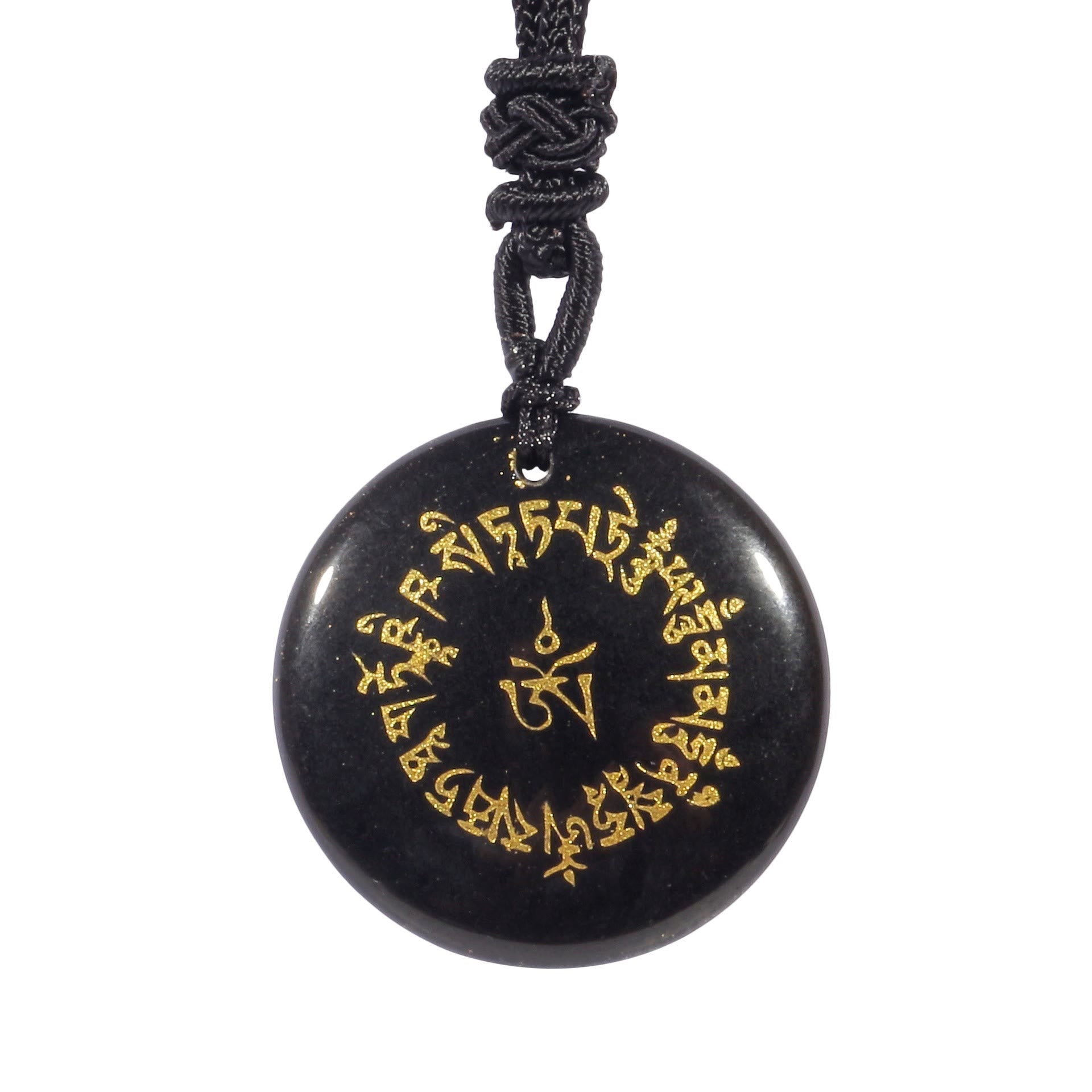 Collier pendentif en cristal d'obsidienne avec mantra de fortune