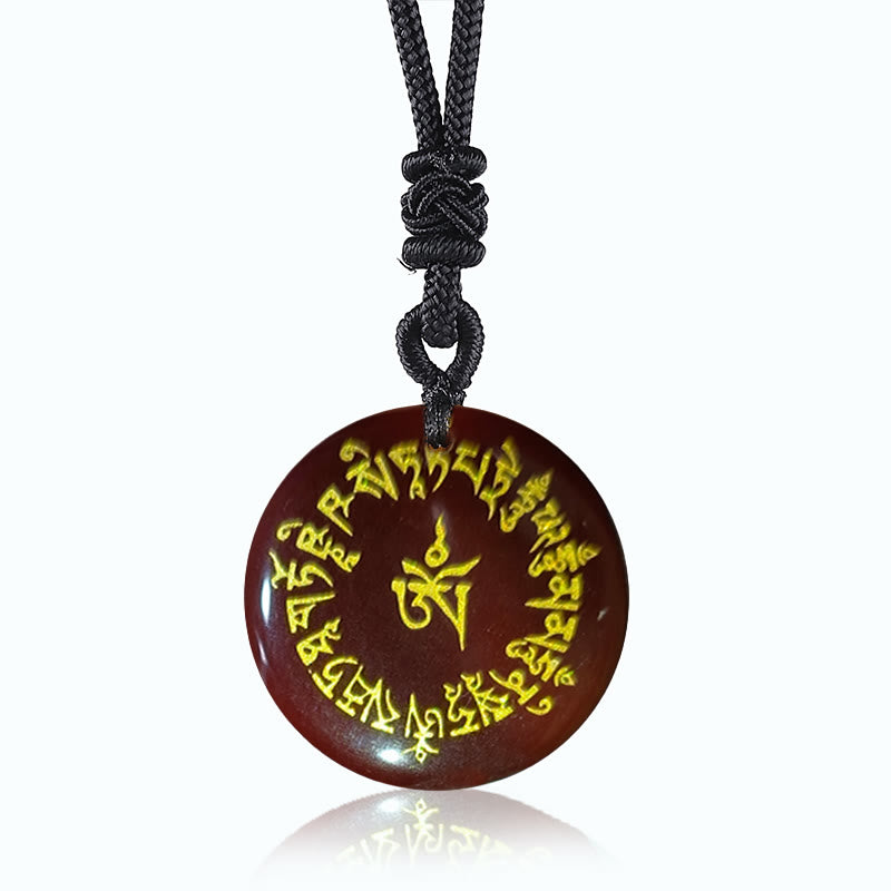Collier pendentif en cristal d'obsidienne avec mantra de fortune