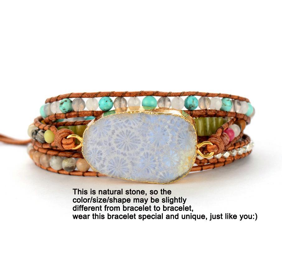 Bracelet multi-tours en pierre de corail fossile